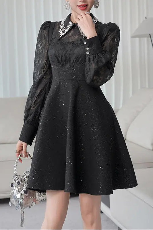Lynn Black Rhinestone Collar Neck Lace Hollow Sleeve Mini Dress Avalabel