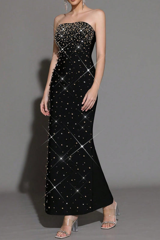Pearl Rhinestone Beaded Strapless Black Maxi Dress