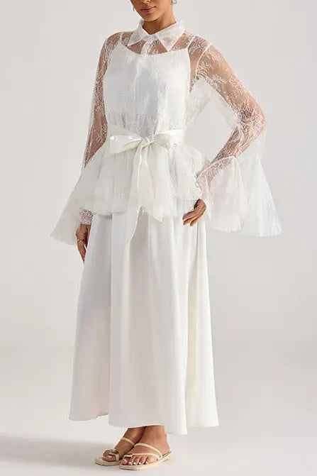 Tiffany White Lace Bell-Sleeve Ruffle Embroidered Top Maxi Skirt Set Avalabel