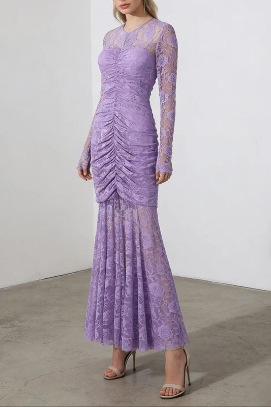 penny lace hollow ruched bodycon long sleeve maxi dress in purple Avalabel