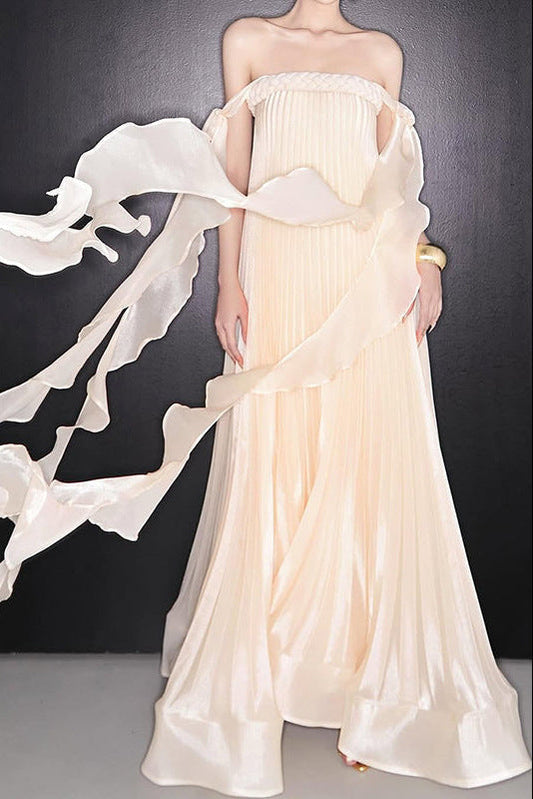 quintina Off Shoulder Pleated Maxi Dress in apricot Avalabel