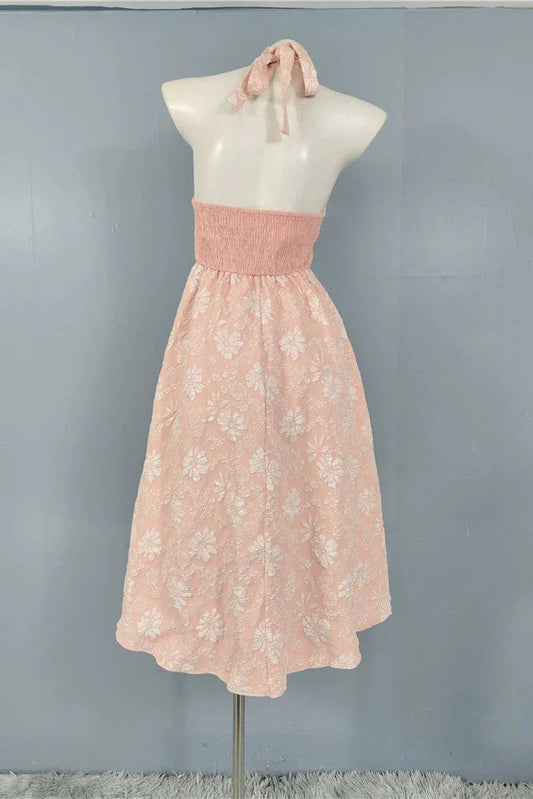pink fairy jacquard halterneck open back big swing midi dress Avalabel
