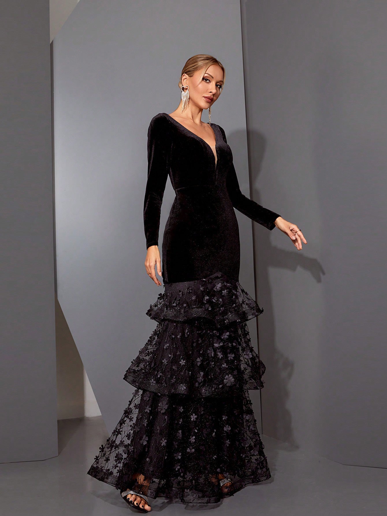 eunice black flower appliqué fishtail layer velvet maxi dress