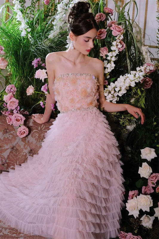 Pink Princess layer ruffle midi floral Embroidery strapless Dress Avalabel