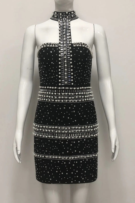 nelly pearl rhinestone halter mini dress in black Avalabel