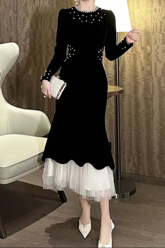 zona black Beaded irregular hem velvet fishtail maxi dress Avalabel