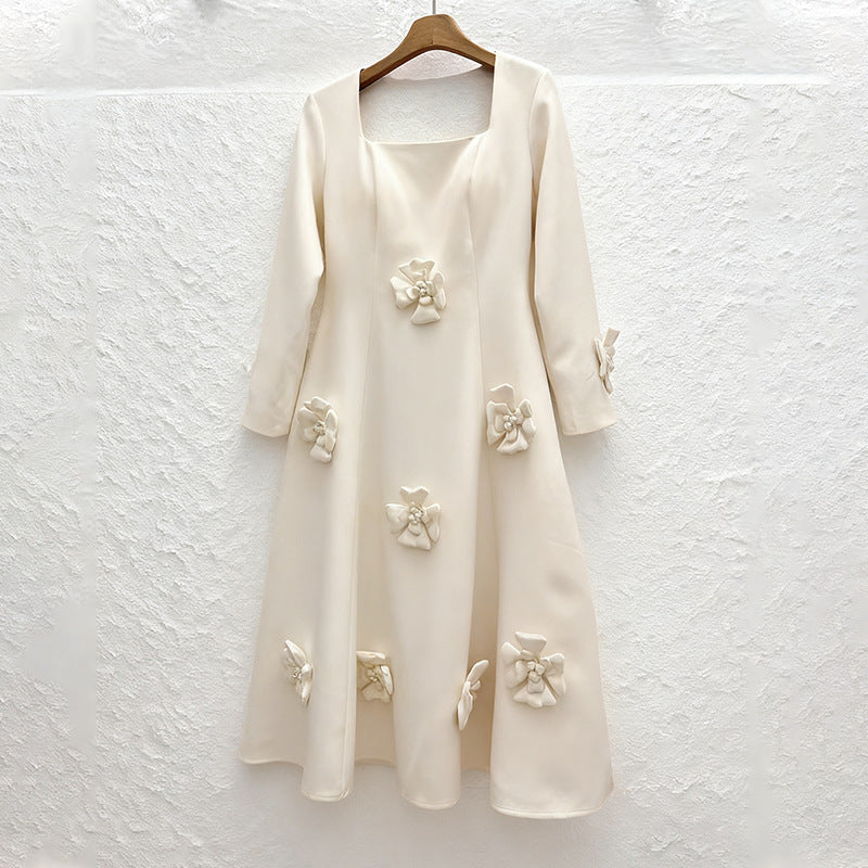 winifred 3d flower embellished long sleeve maxi dress in white