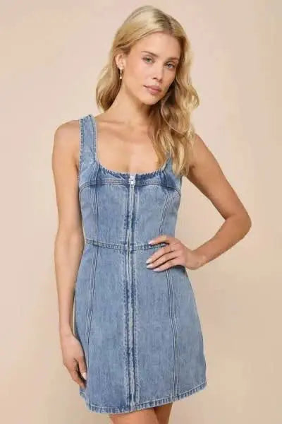 denim suspender square neck slim mini dress Avalabel
