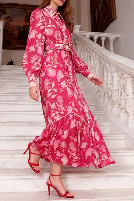 phoenix red floral print maxi dress with belt Avalabel