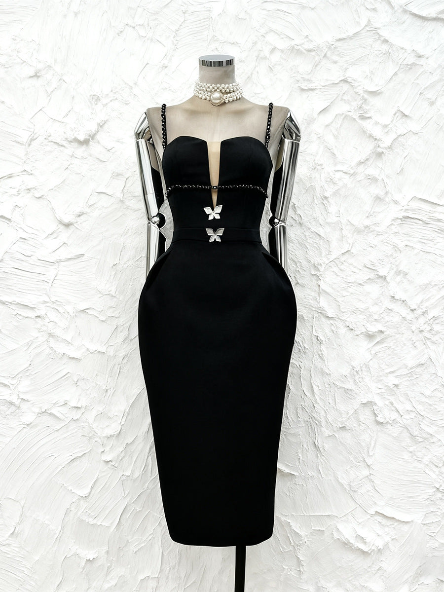 myra Deep V-neck butterfly rhinestone midi dress in black