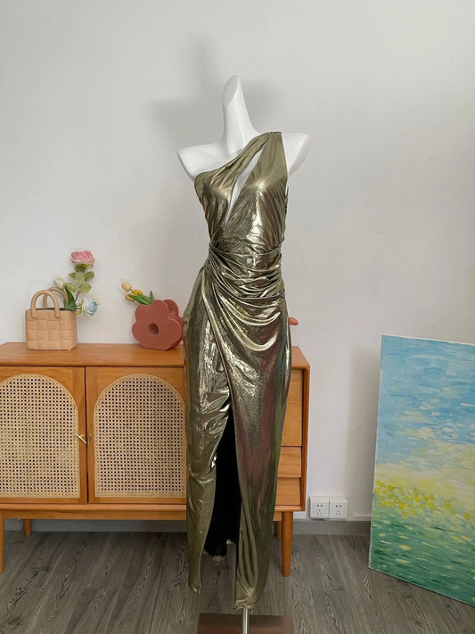 Gold Metallic Maxi Dress High Slit Gown Avalabel