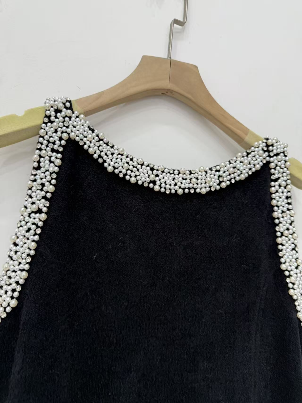 simona ruffle trim Beaded mini Dress in black