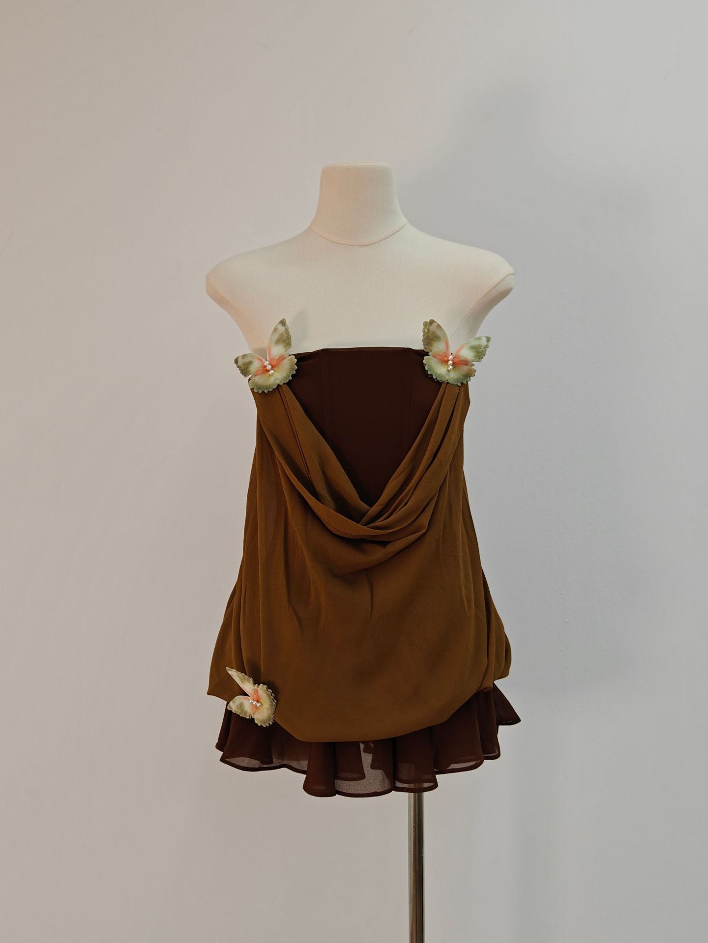 Brown 3D Butterfly Fishbone Tunic Top Mini Skirt Set