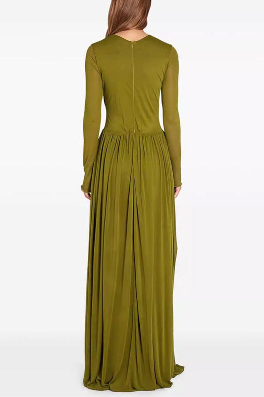 pleated maxi dress with draping Olive green