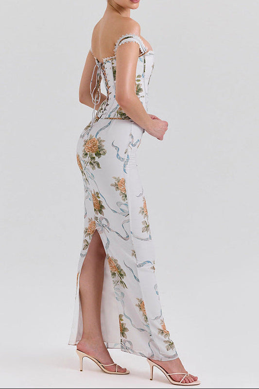 phoenix white Floral Print Fitted Corset Maxi Dress Avalabel