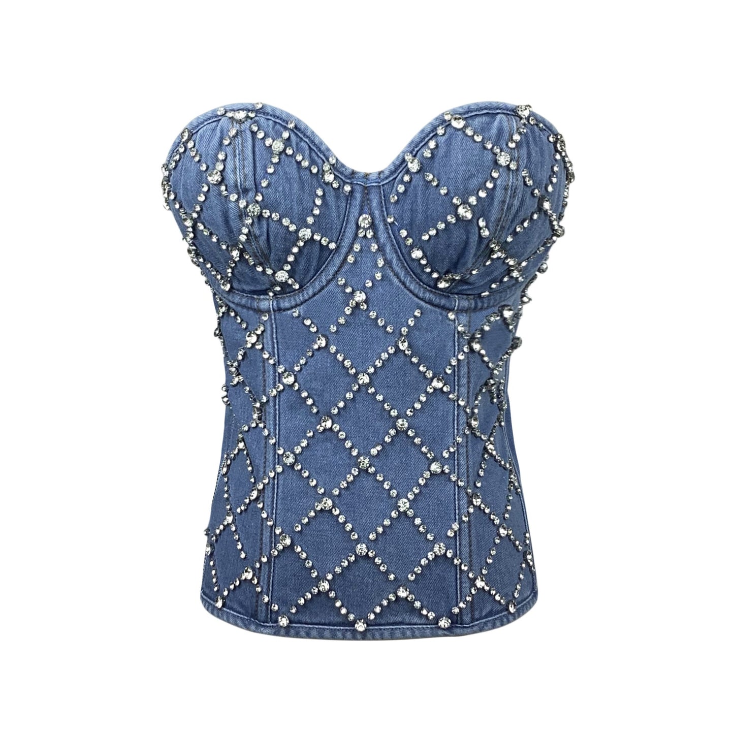 Jacqueline Crystal Embellished Strapless Denim Top in blue