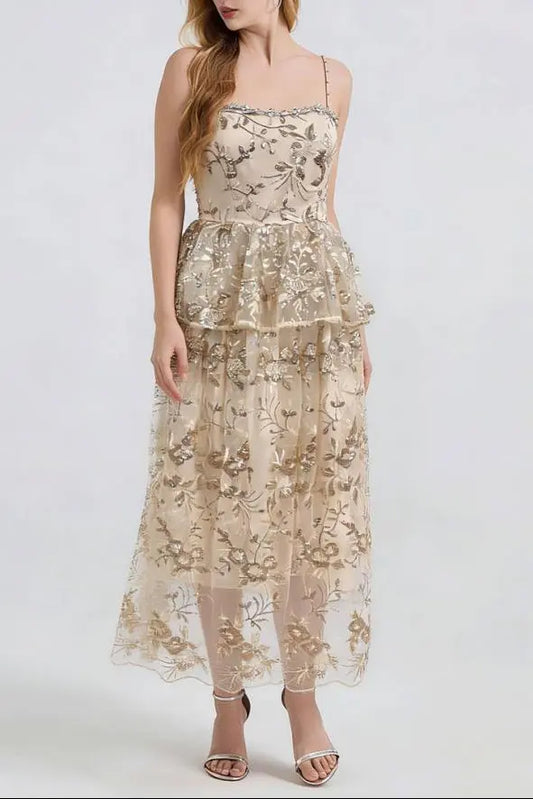 Ashley Gold Rhinestone Sequin Embroidery Layer Maxi Dress Avalabel
