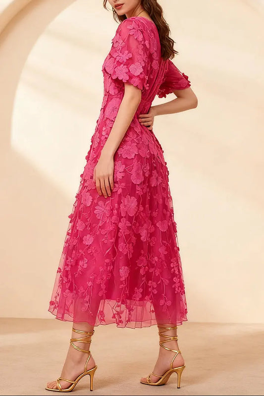 modesty Puff sleeve V-neck embroidery midi dress in rose red Avalabel
