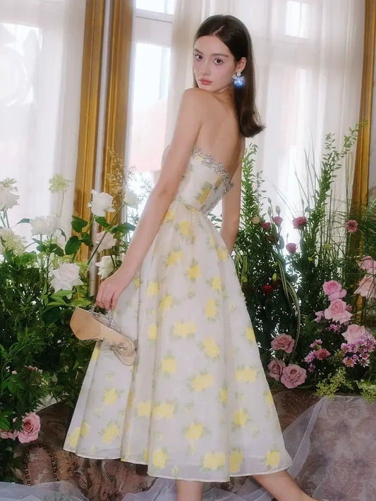Lemon Yellow Strapless Long Cocktail Dress-Butter Cup Avalabel