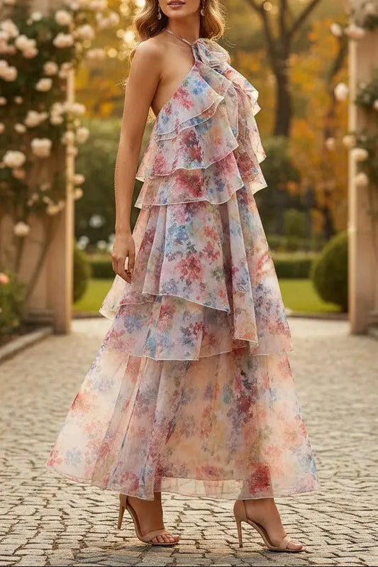susie multicolor floral print layer halter midi dress Avalabel