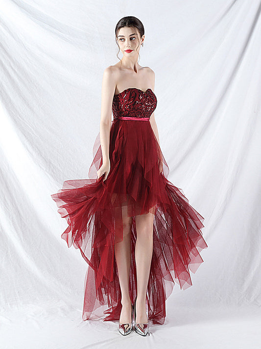 strapless sequin tulle midi dress