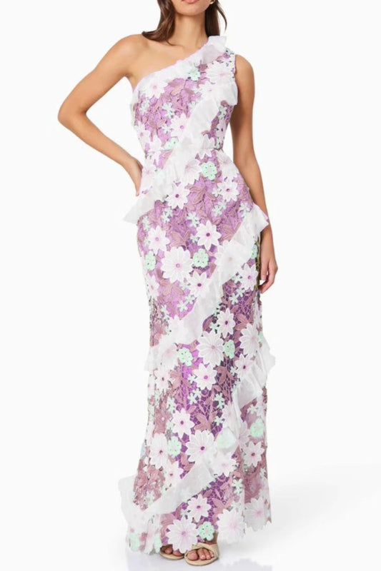 Floral One Shoulder Lace Maxi Dress in Purple Avalabel