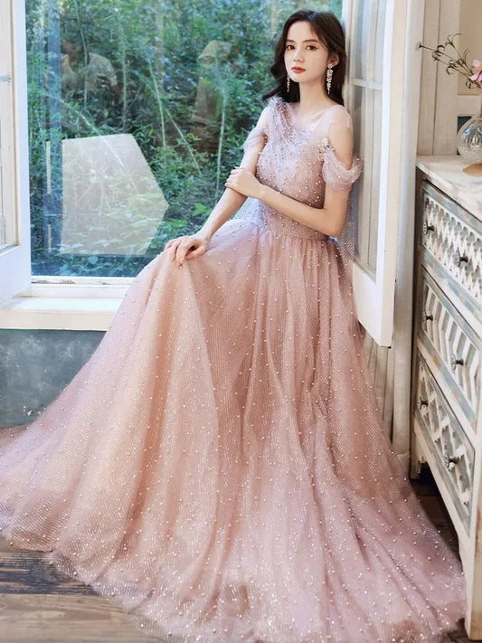 Pink one-shoulder pearl maxi evening dress Avalabel