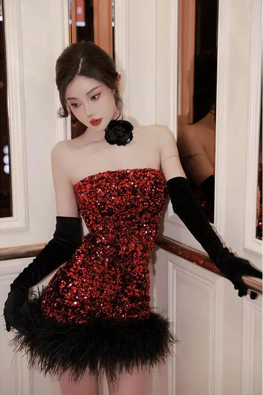 quintina Sequin Feather Strapless mini Dress in red Avalabel