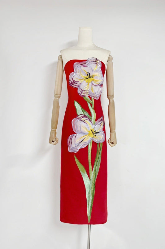 Suzanne Appliqué Floral Bustier Maxi Dress in Red Avalabel