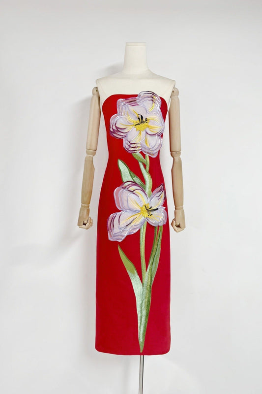 Suzanne Appliqué Floral Bustier Maxi Dress in Red