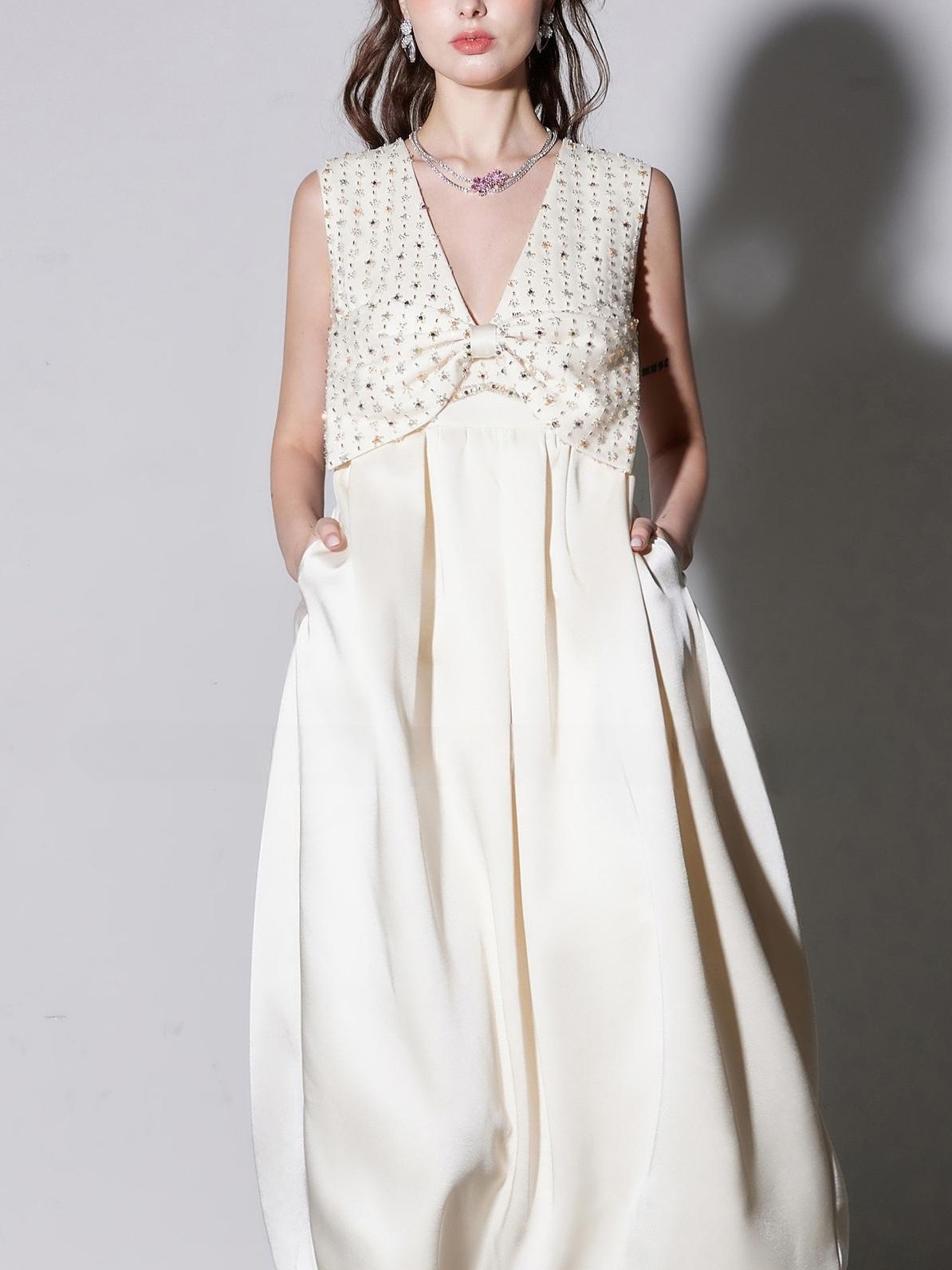Alva V-Neck Rhinestone Embroidery Satin Maxi Dress in White