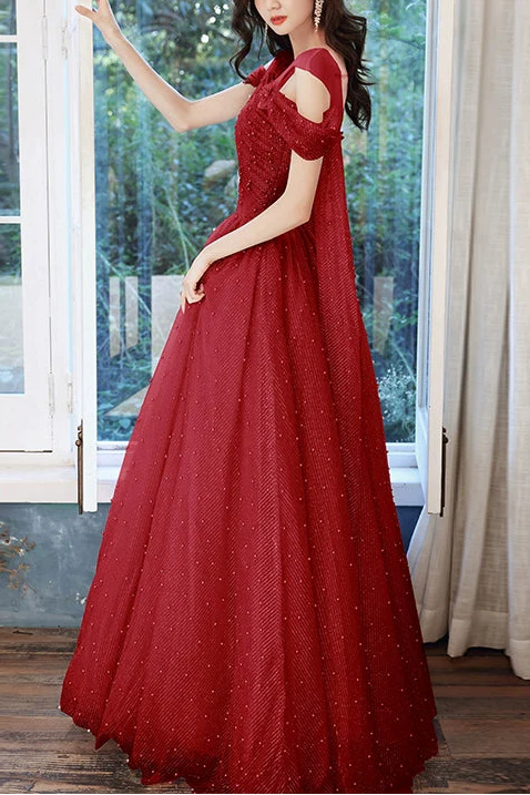 Pink one-shoulder pearl maxi evening dress