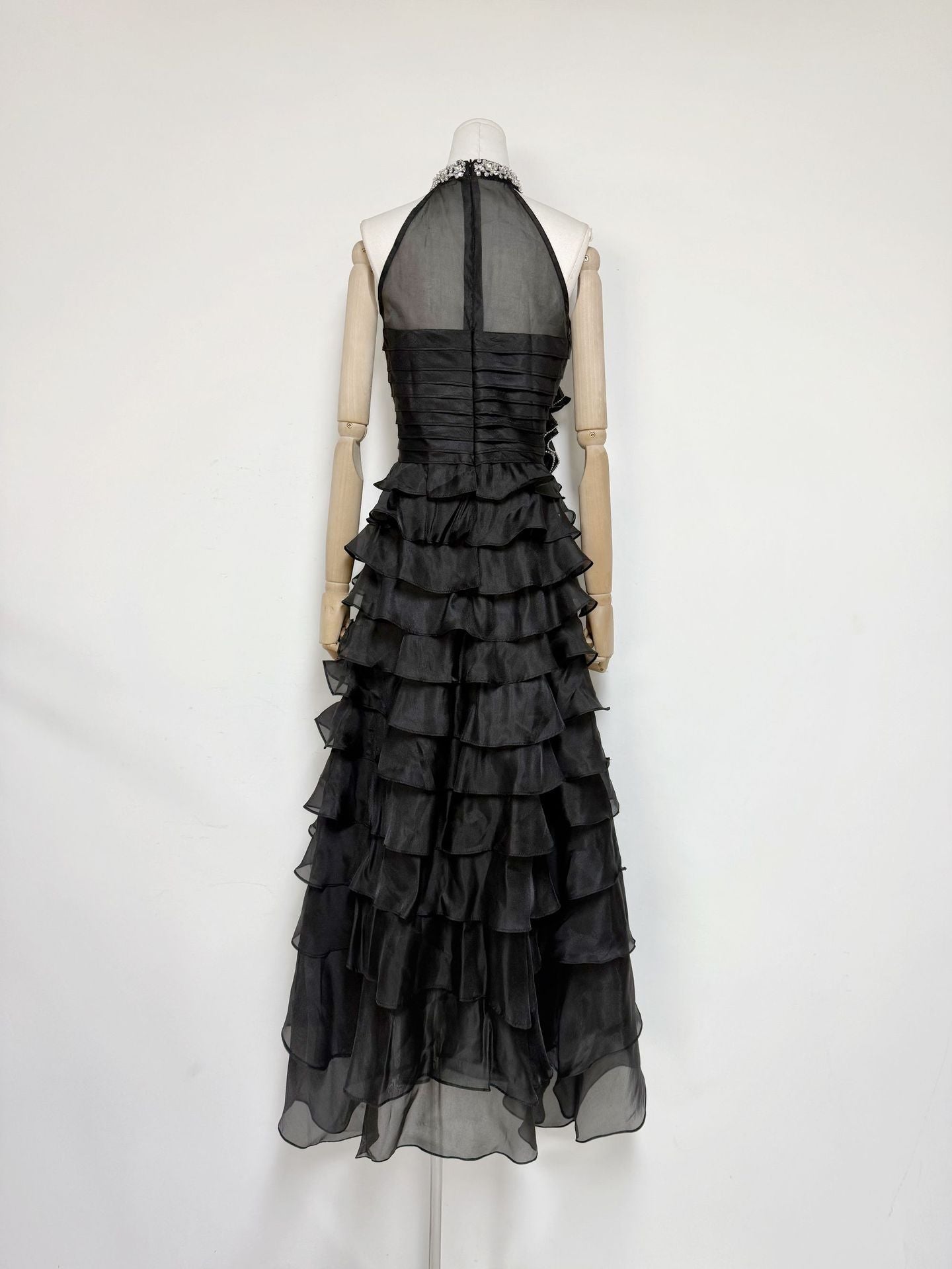 Samantha Black 3D Petal Ruffled Rhinestone Embellished Maxi Dress