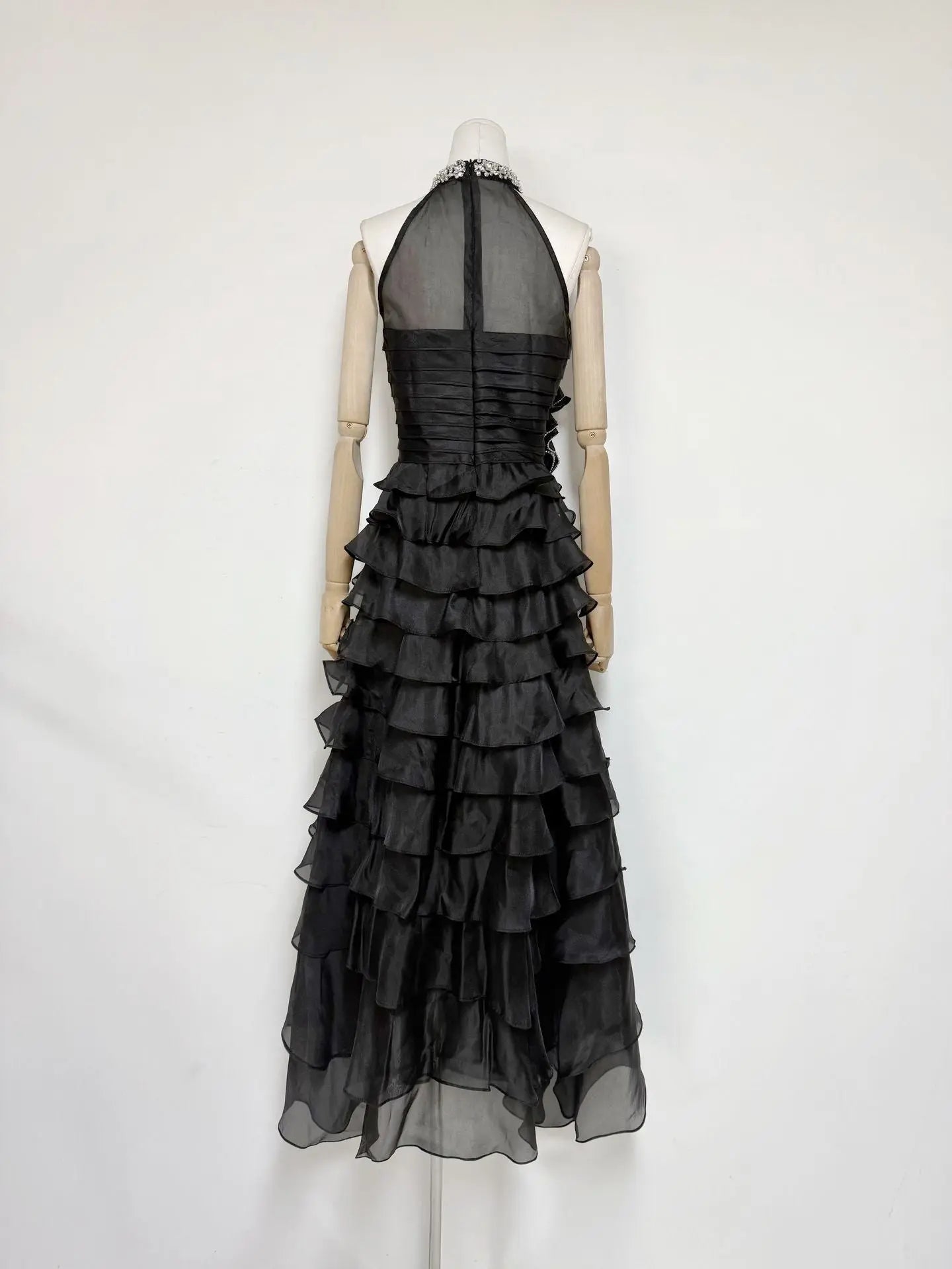 Samantha Black 3D Petal Ruffled Rhinestone Embellished Maxi Dress Avalabel