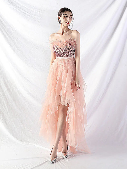 Strapless feather tulle midi dress Avalabel