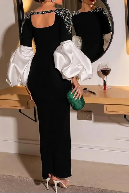 ellen black Long Sleeve Rhinestone Contrast Bandage Maxi Dress Avalabel