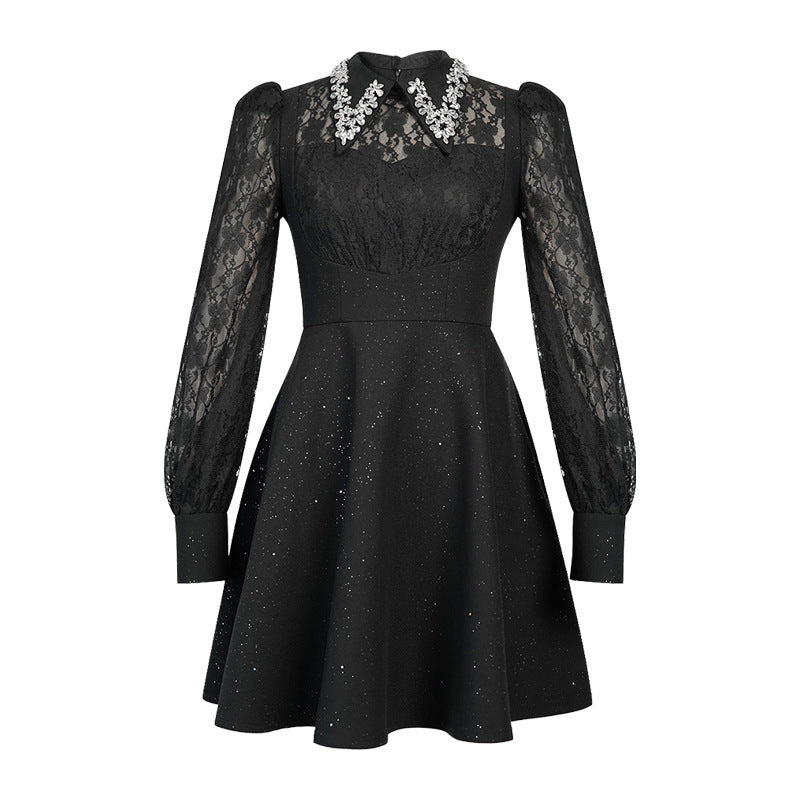 Lynn Black Rhinestone Collar Neck Lace Hollow Sleeve Mini Dress