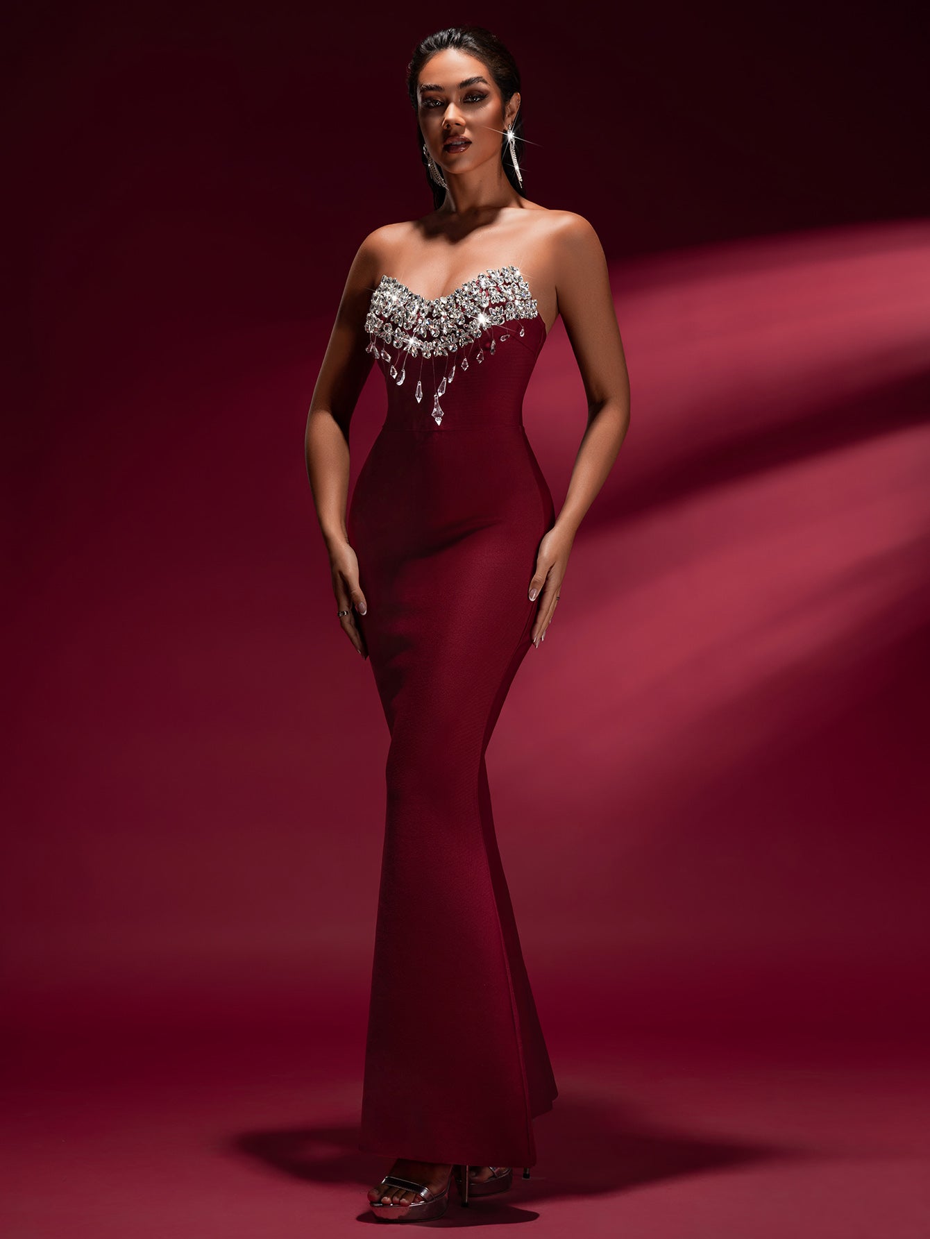Tina Off-Shoulder Crystal Applique Bandage Mermaid Gown in Burgundy