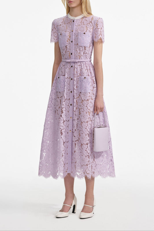 Lilac Lace Button Front Midi Dress