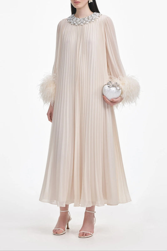 Cream Chiffon Feather Midi Dress Avalabel