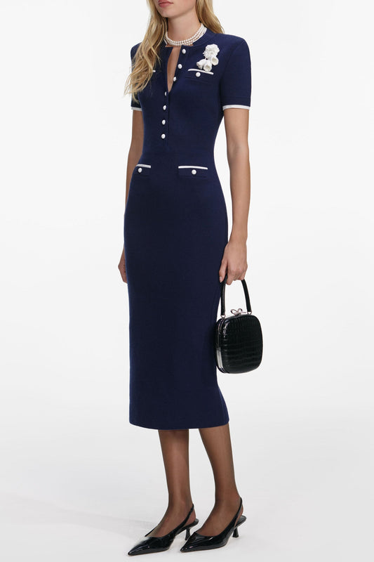 Zenobia Navy Crochet Flower Knit Midi Dress