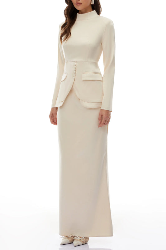 polly apricot Neutral Mock Neck Blouse Mermaid Skirt Set Avalabel