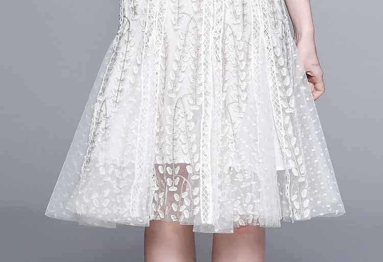 Josephine Lace Embroidered Mesh Midi Dress in White 2026