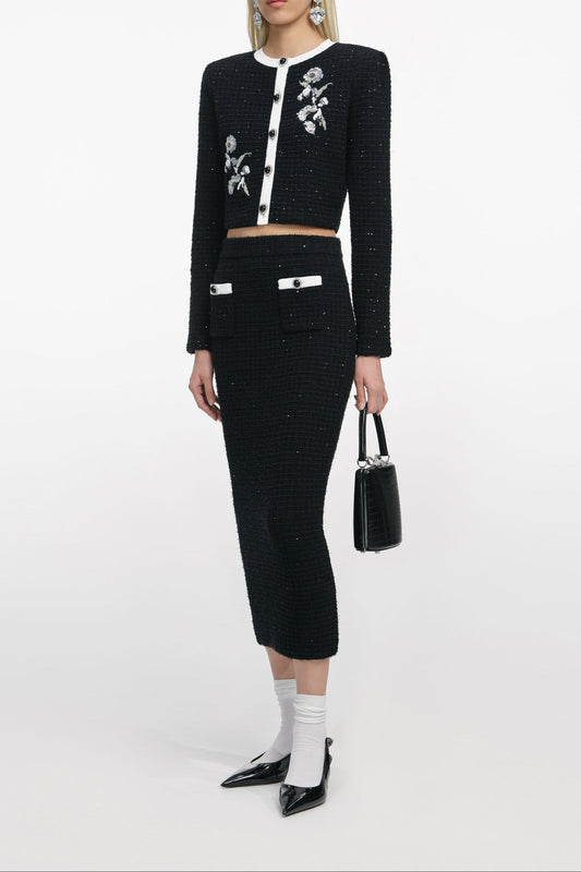 Black Floral Textured Knit Jacket Avalabel