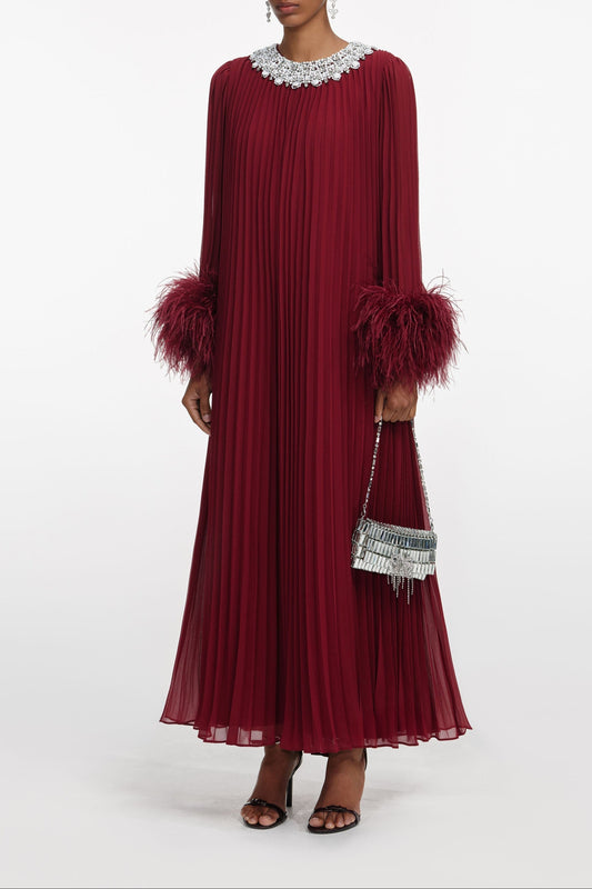 Burgundy Chiffon Feather Midi Dress