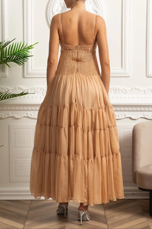 Helen Rhinestone Beading Pleated Maxi Dress - Beige Avalabel