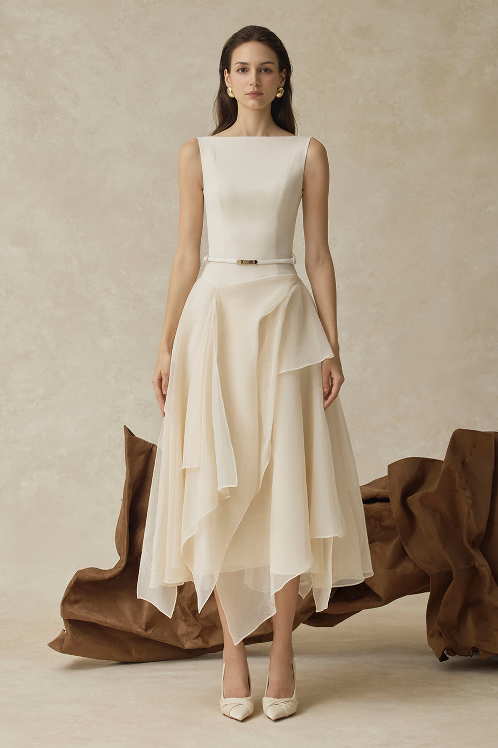 kelly beige Cape Sleeve Ruffle Midi Dress with belt