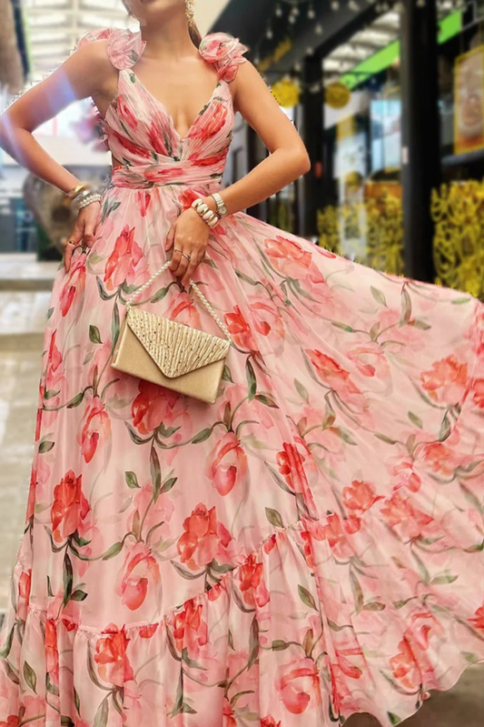 Floral Print Ruffled Backless Maxi Dress in Pink Avalabel