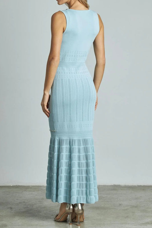 V-Neck Beading Knit Bodycon Maxi Dress in Pale Blue Avalabel