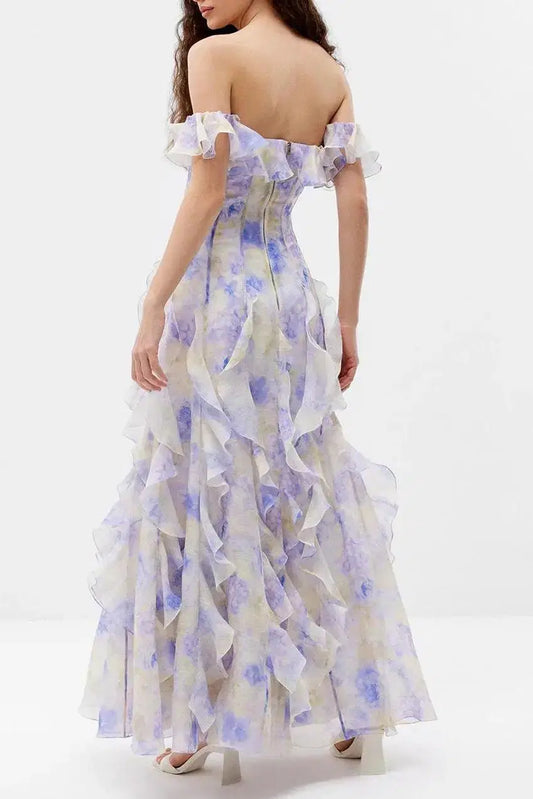 Helen Floral Frill Off-Shoulder Maxi Dress in Blue Avalabel